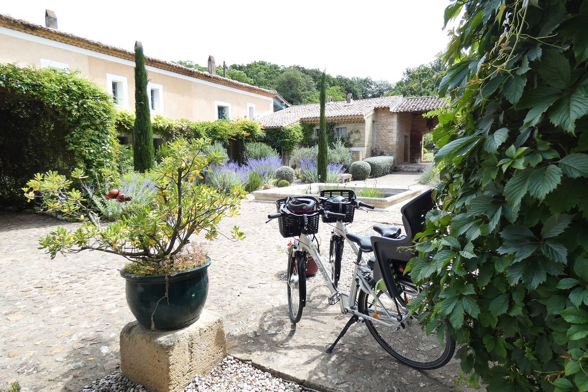 Two bicycles are parked at the Mas, Fleur de Lys Retreats.