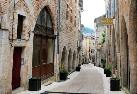 Narrow stone alley with arched buildings, potted plants, and cobblestone paving in a historic town