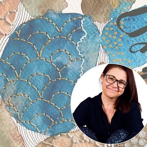 Artist Ana Falceta, featured retreat facilitator for Creative Awakening, in front of her signature floral collage artwork.