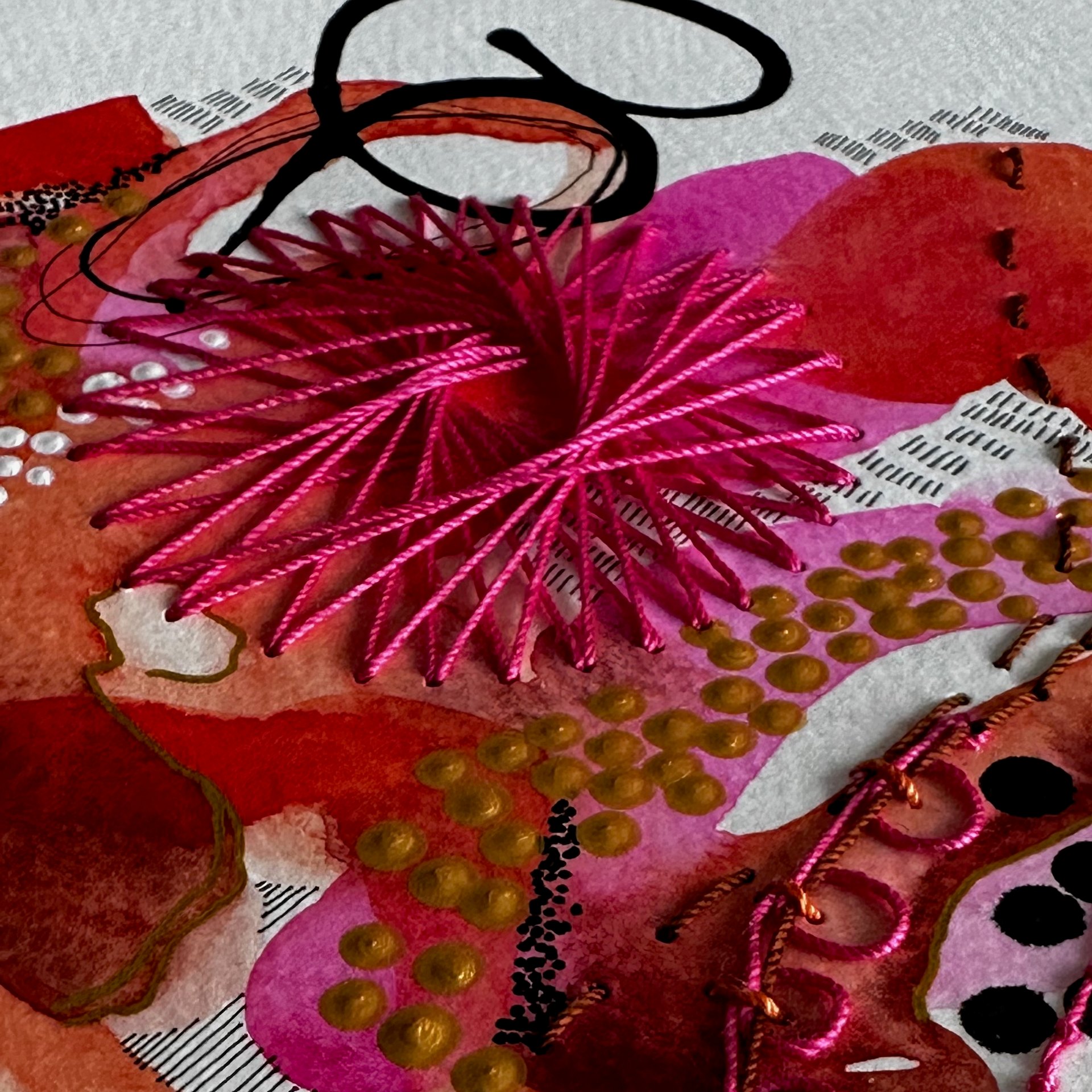 A close up of a painting with a pink flower in the middle, by our artist partner Ana Falceta our retreat in September 2026