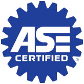 Blue gear-shaped logo with white text reading