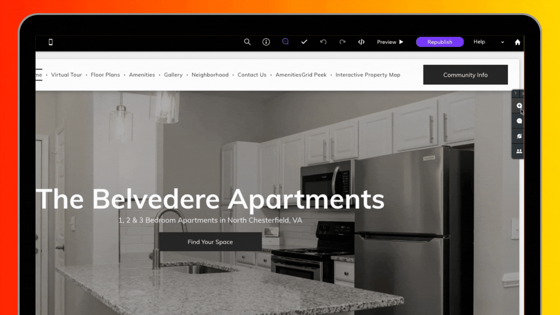 A computer screen shows a website for the belvedere apartments.