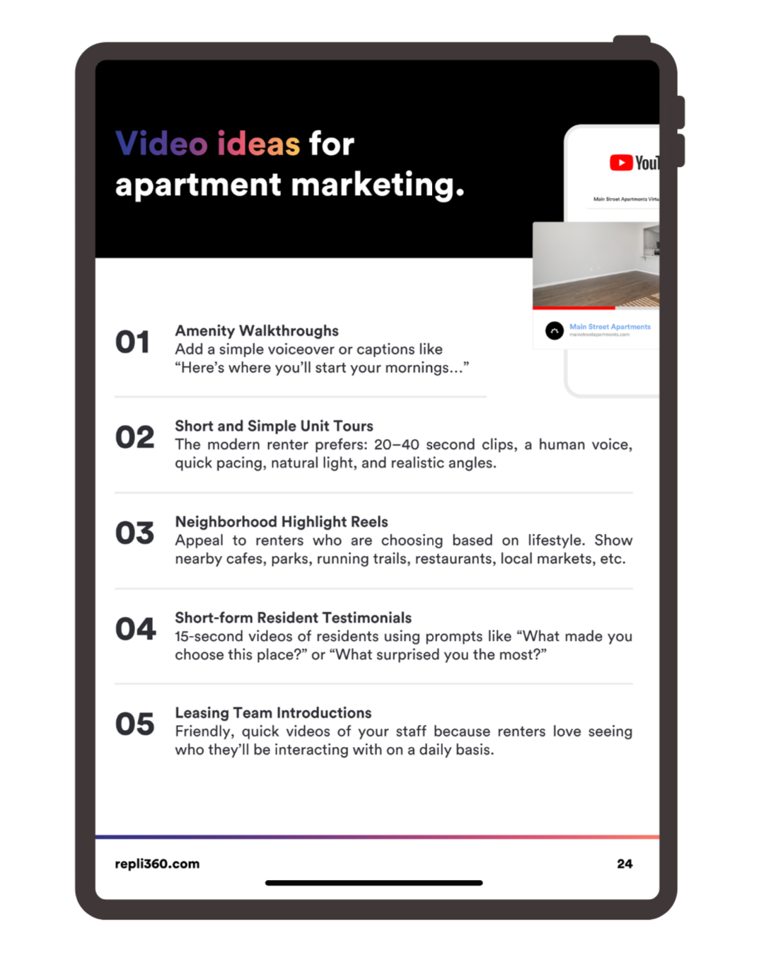 Tablet screen showing “Video ideas for apartment marketing” with a numbered list on a black and white layout