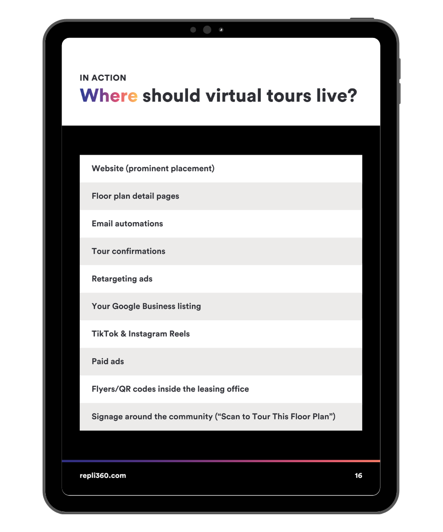 A tablet displays a list of locations for virtual tours, titled 