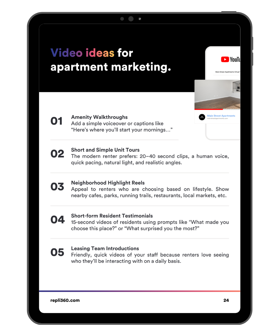 A tablet screen displaying a list of five video content ideas for apartment marketing, including tours and testimonials.