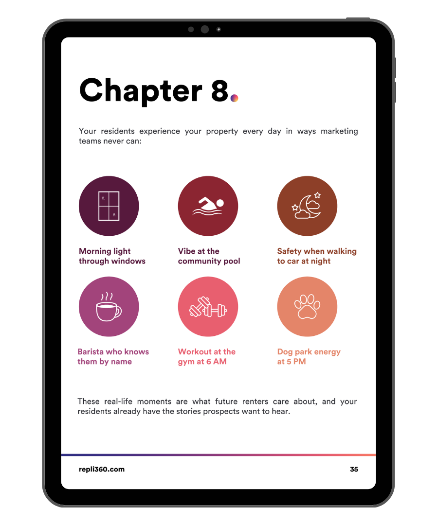Chapter 8 slide showing lifestyle features like community pool access, morning light, and safety for residents.