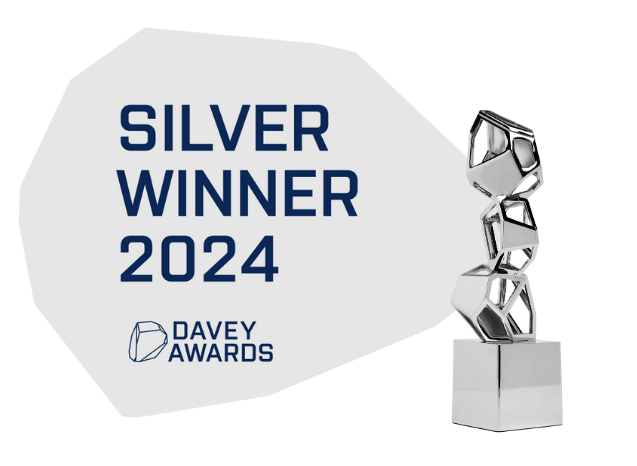 A silver winner trophy from the davey awards