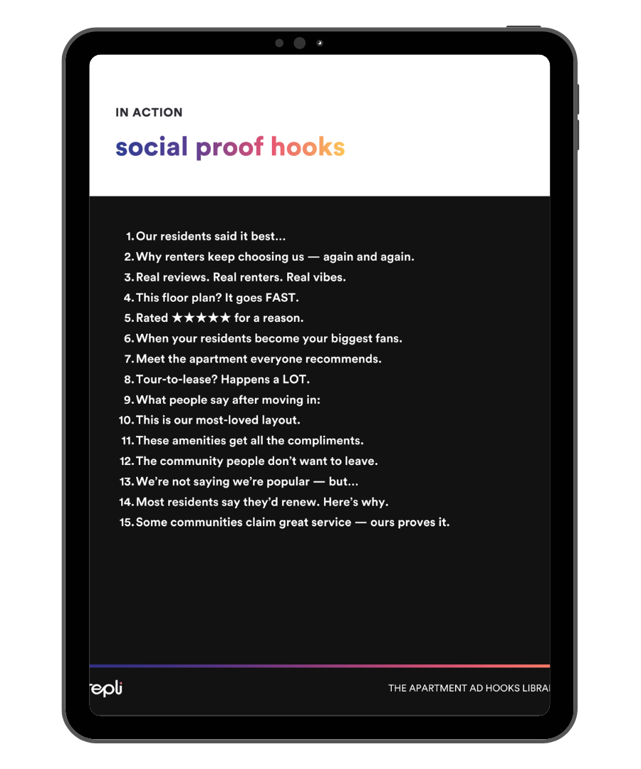 A tablet screen displays a list of sixteen social proof hooks for marketing, set against a black background.