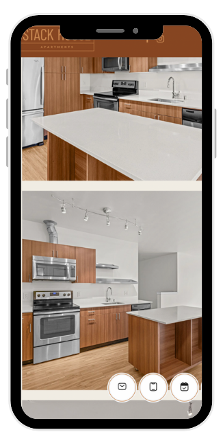 A cell phone shows a kitchen with wooden cabinets and stainless steel appliances.