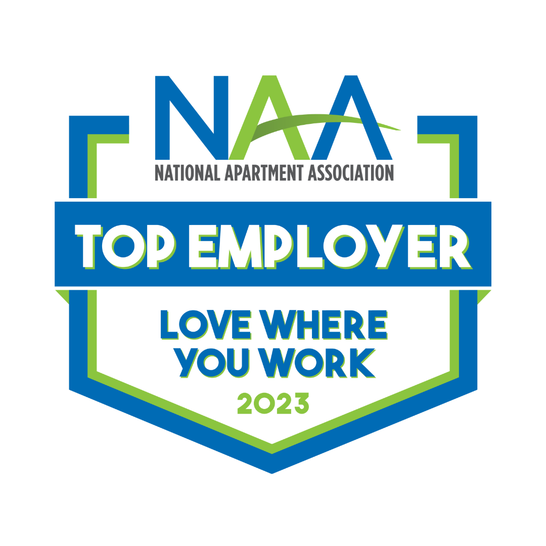 NAA National Apartment Association Top Employer 2023 badge featuring blue and green geometric text and border.
