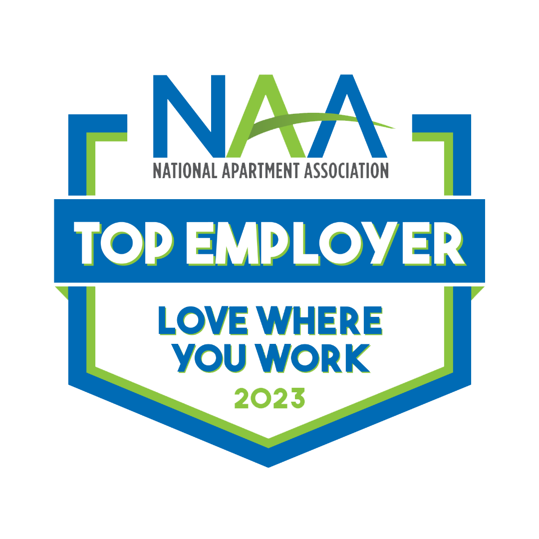 The logo for the national apartment association says `` top employer love where you work ''.