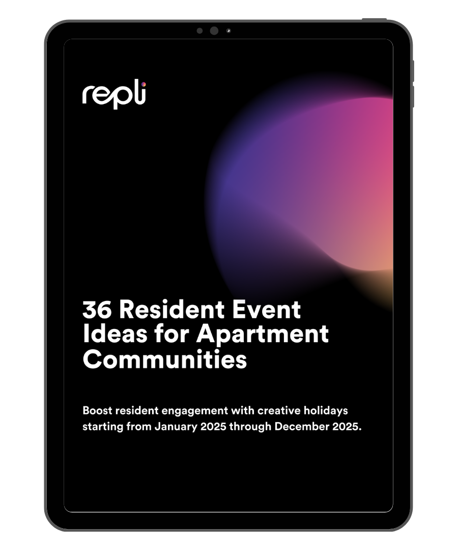 A tablet with the words `` 36 resident event ideas for apartment communities '' on it.