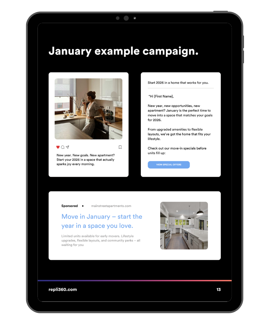 Tablet screen displaying a marketing campaign example with social media and blog post templates on a black background.