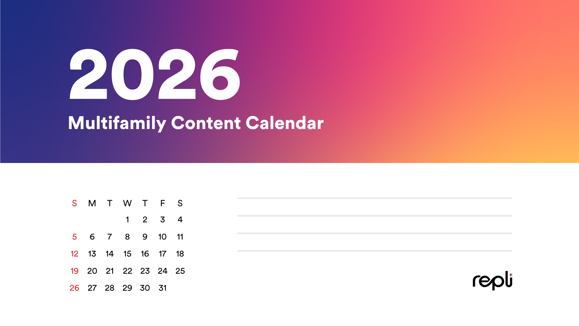 2026 Multifamily Content Calendar cover with a monthly calendar grid below a purple-to-orange gradient