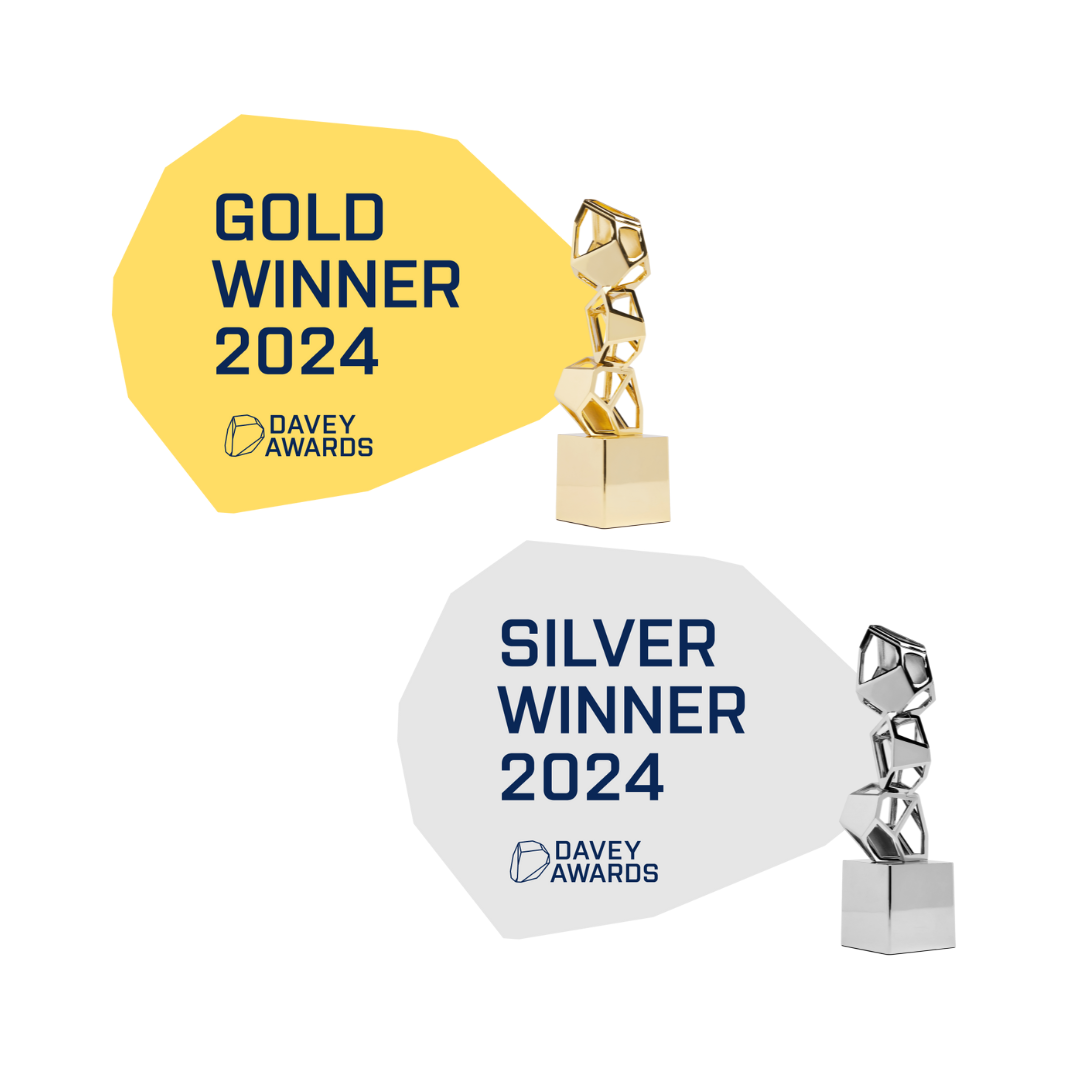 A Gold and a Silver Davey Awards 2024 trophy, each with its corresponding award text on a stylized shape background.