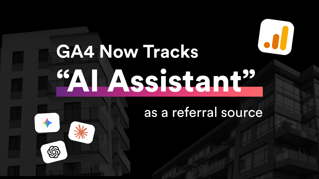 GA4 Now tracks “AI Assistant” as a referral source on a dark background with Google Analytics icon