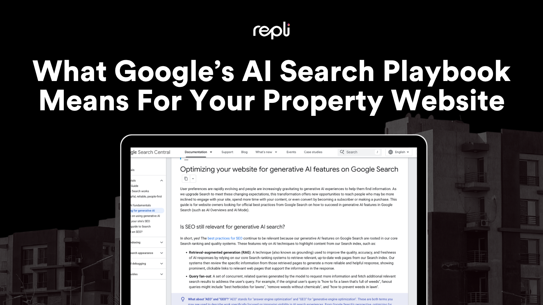Black webinar slide with bold white text: “What Google’s AI Search Playbook Means For Your Property Website”