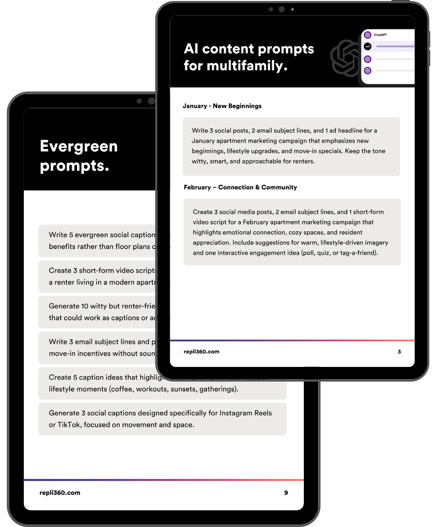 Two digital tablets on a dark background displaying lists of AI content prompts for multifamily real estate marketing.