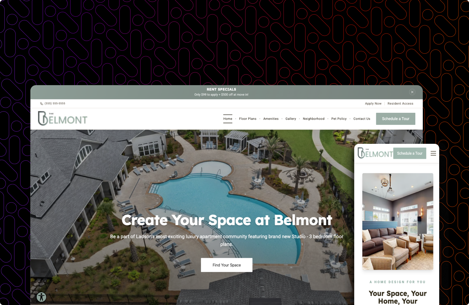 A screenshot of a website that says `` create your space at the belmont ''.
