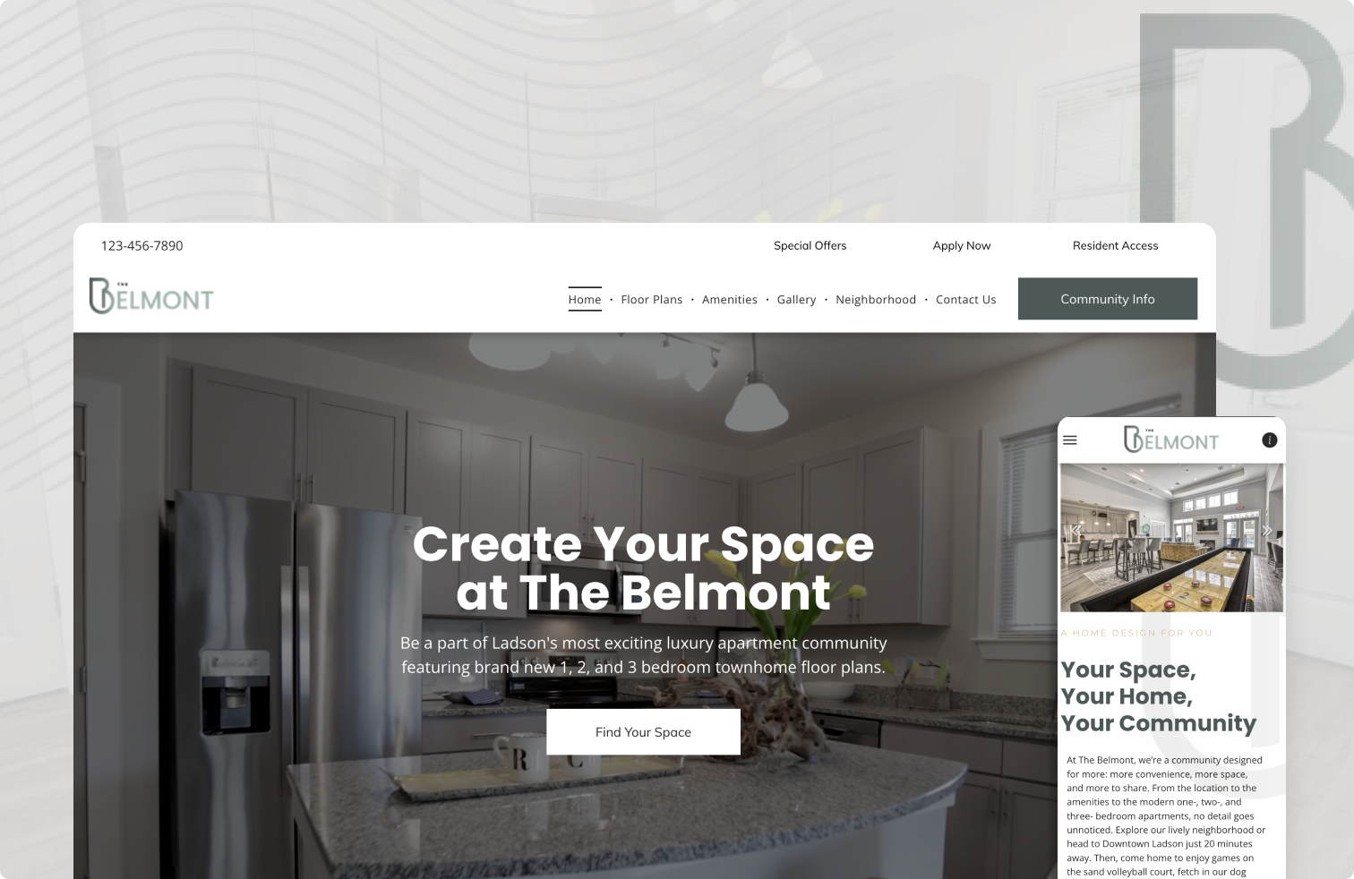 A screenshot of a website that says `` create your space at the belmont ''.