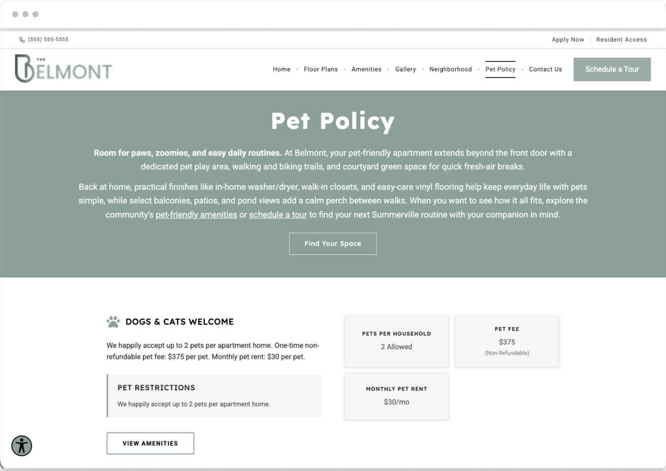 Pet Policy Page Preview on Belmont Property Website Theme