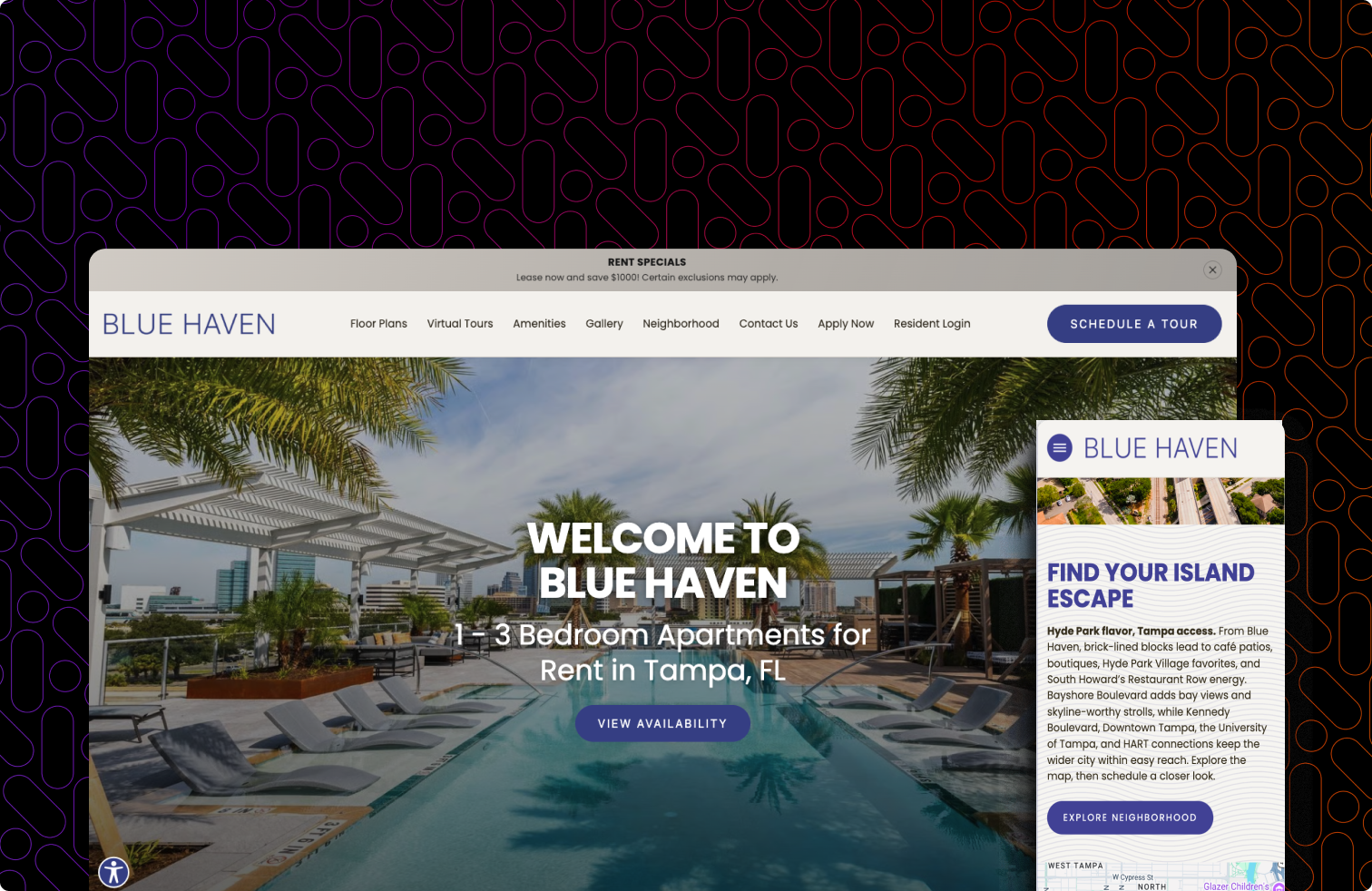 A screenshot of a website showing a pool and a building.