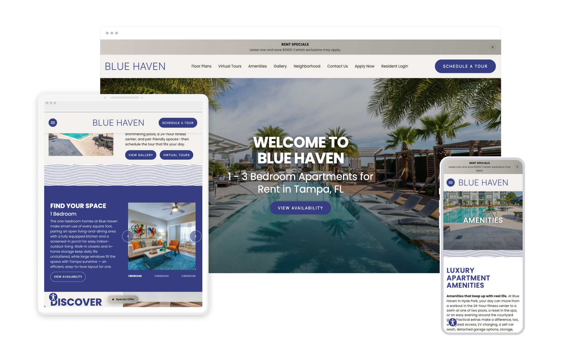 Blue Haven Property Website Theme on Desktop, Tablet, and Mobile