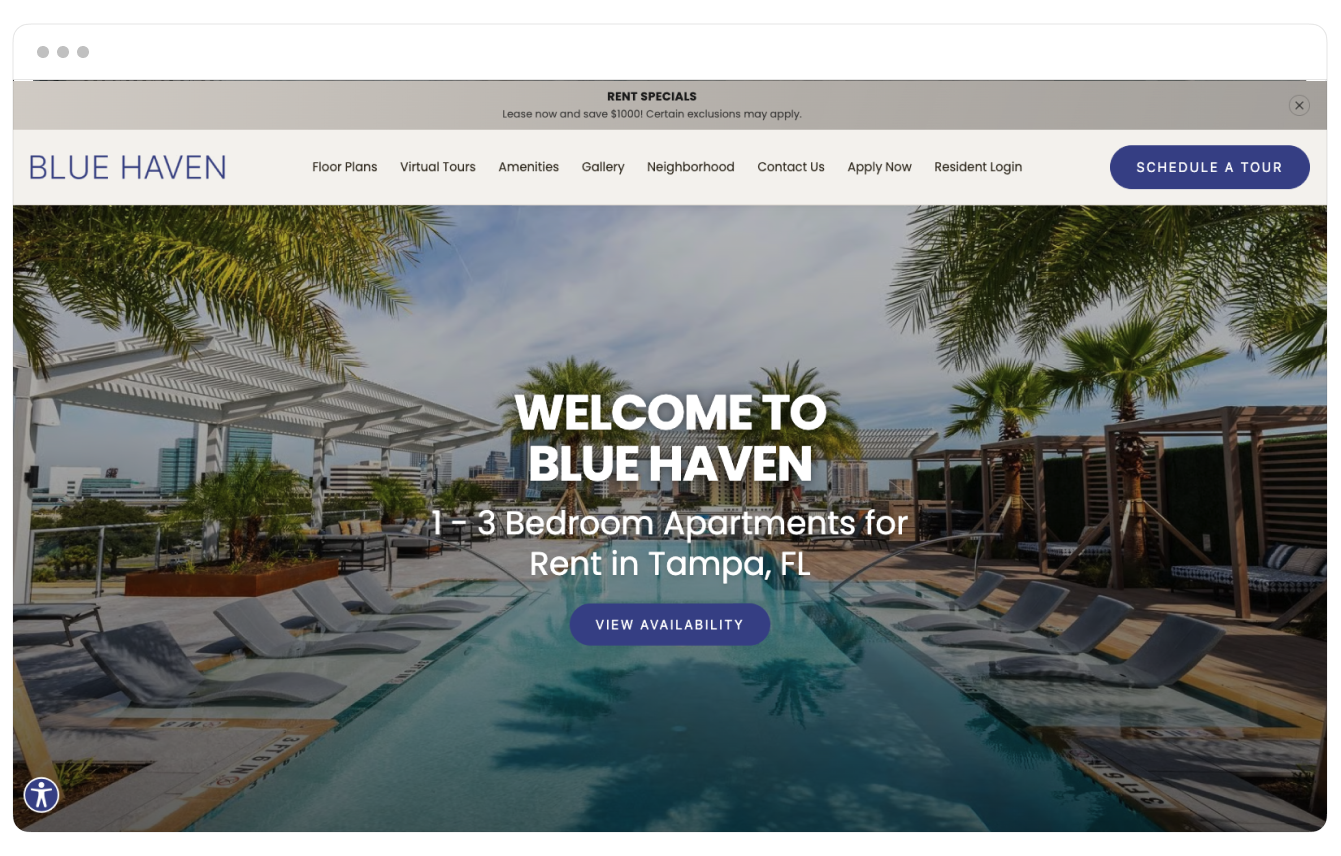 Blue Haven property website theme displayed on desktop