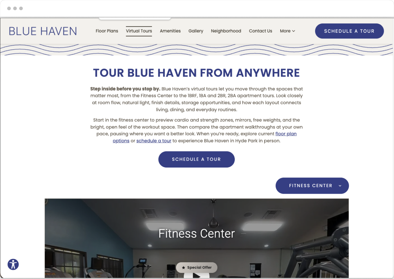 Virtual Tours Page of Blue Haven Property Website Theme