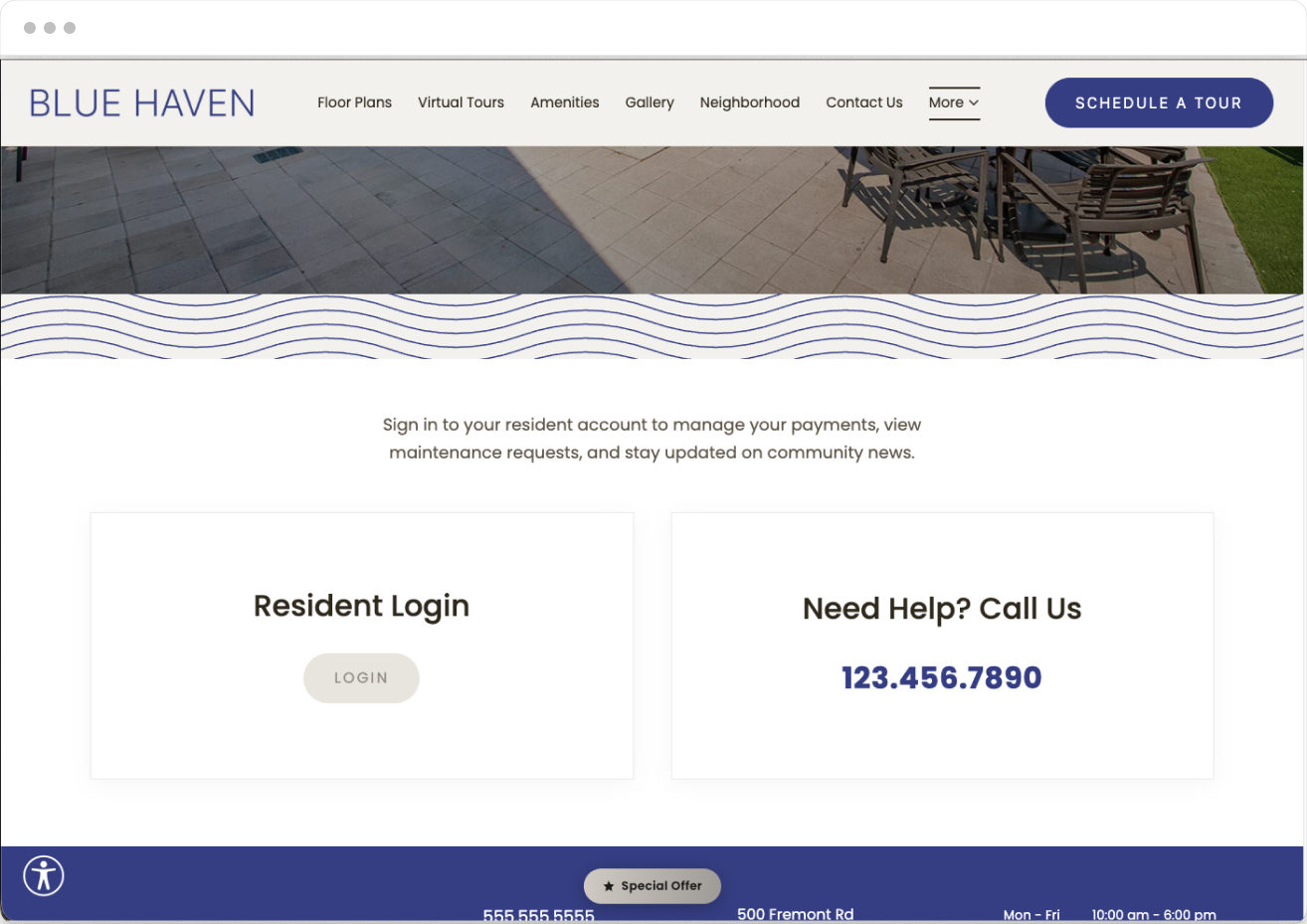 Resident Login Page of Blue Haven Property Website Theme