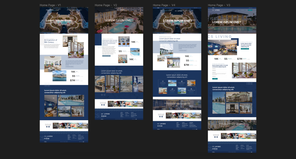 A set of four different versions of a website on a black background.