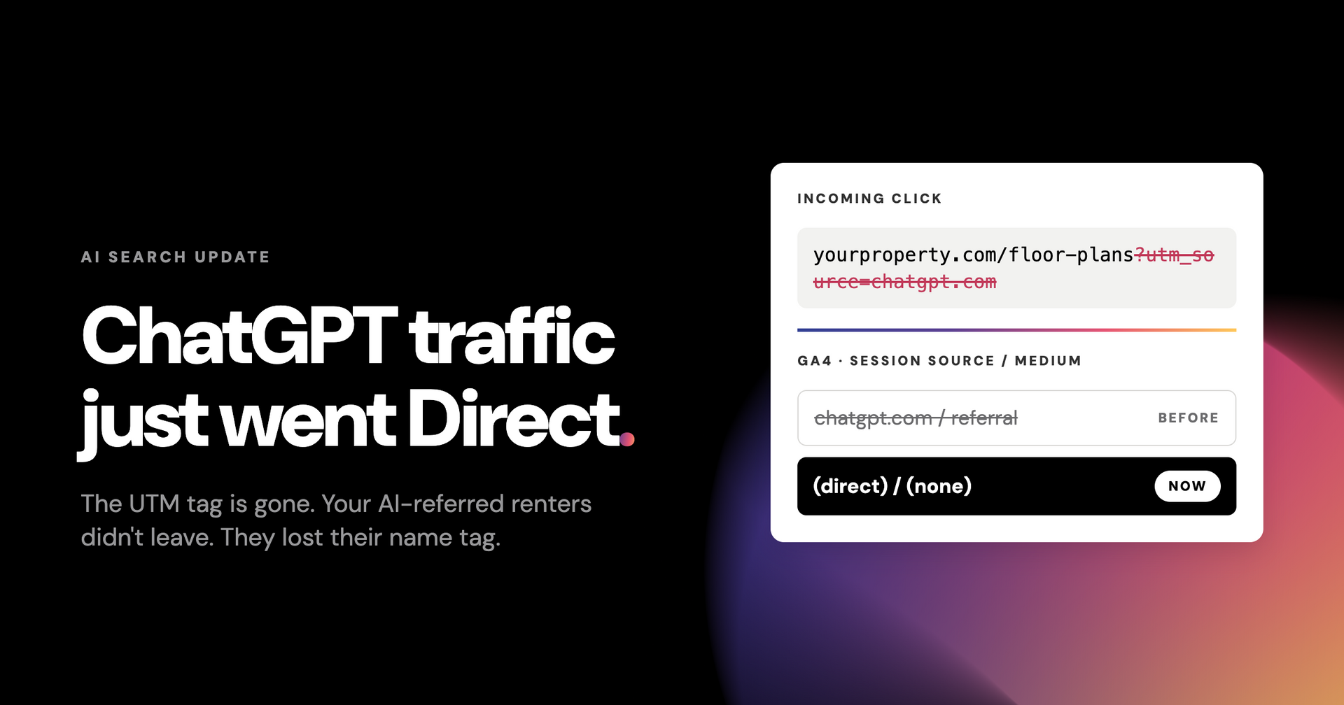 Dark slide with headline “ChatGPT traffic just went Direct” beside a white analytics popup on a black-to-purple gradient background