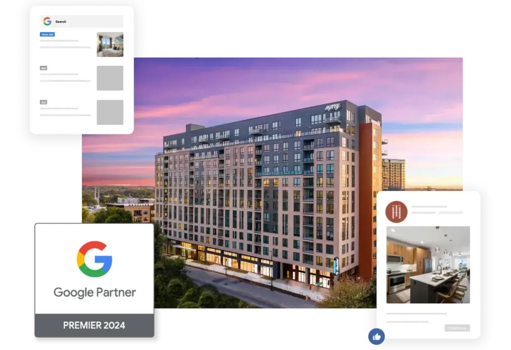 A large building with a google partner badge on it.