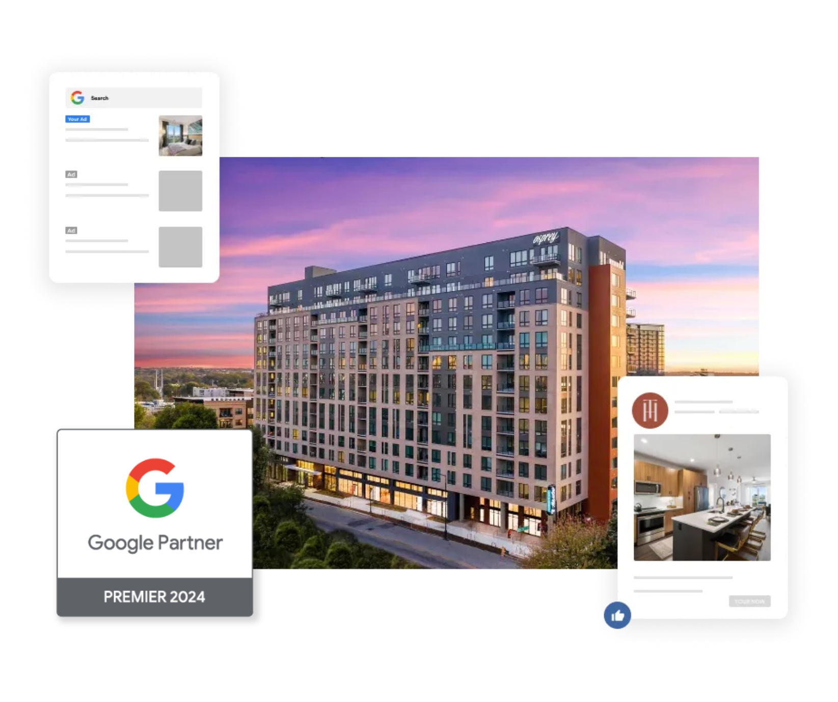A picture of a building with a google partner badge next to it.