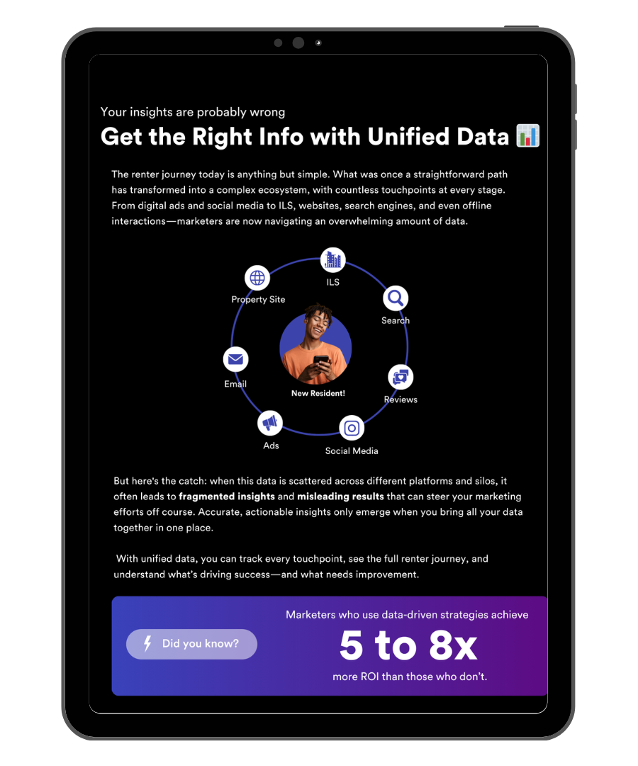 A tablet is open to a page that says `` get the right info with unified data ''.