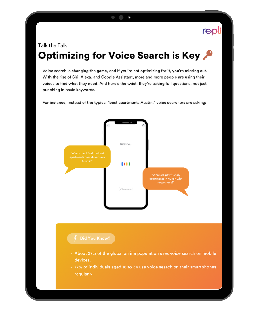 A tablet with a page on it that says `` optimizing for voice search is key ''.