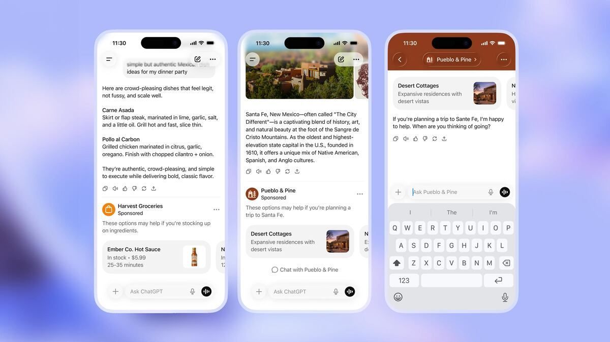 Three smartphone screens show a social media app with posts, comments, and a typing keyboard.