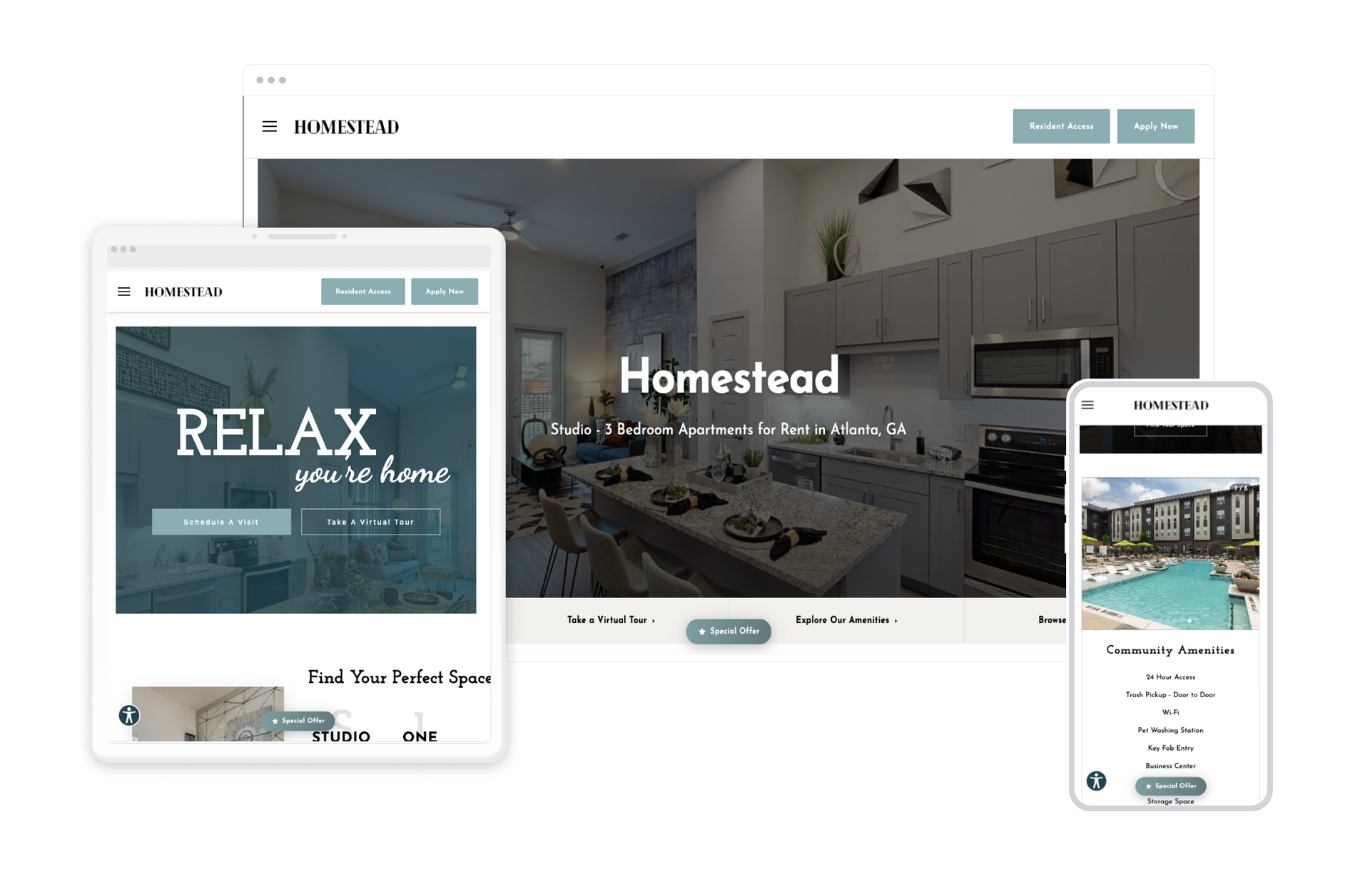 Homestead Property Website Theme on Tablet and Mobile