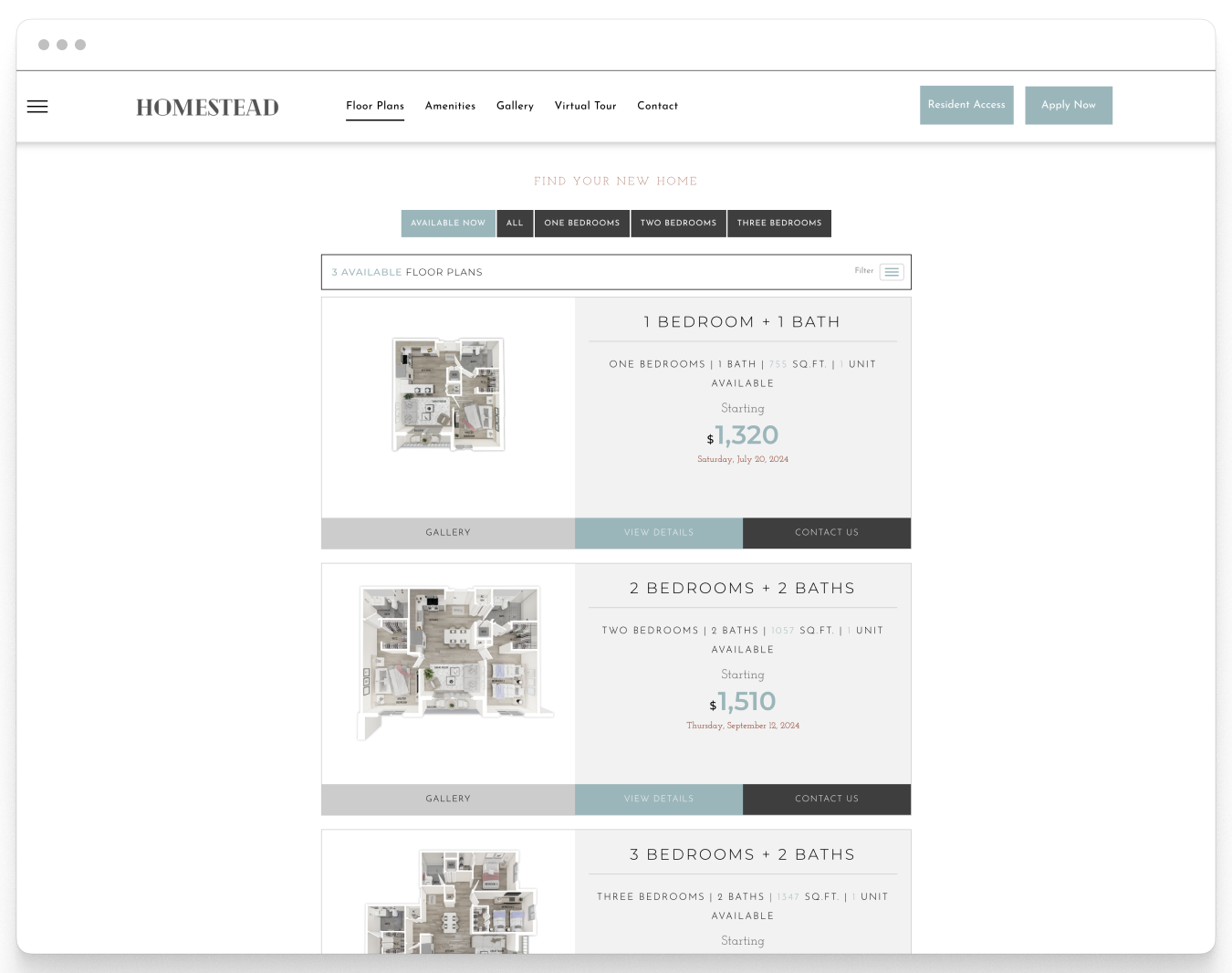 Floor Plans Page Preview on Homestead Property Website Theme