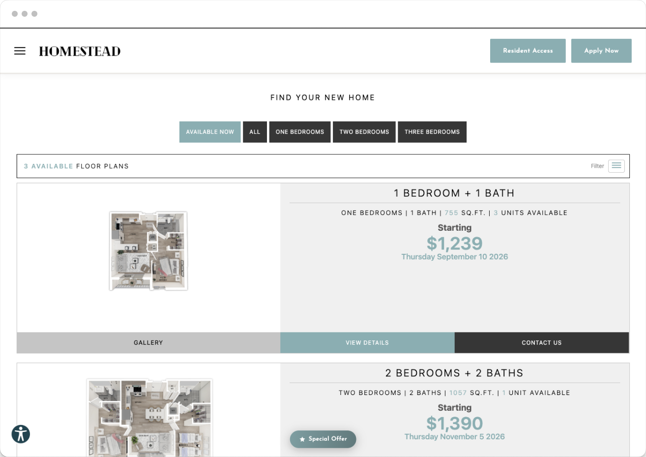 Floor Plans Page Preview on Homestead Property Website Theme