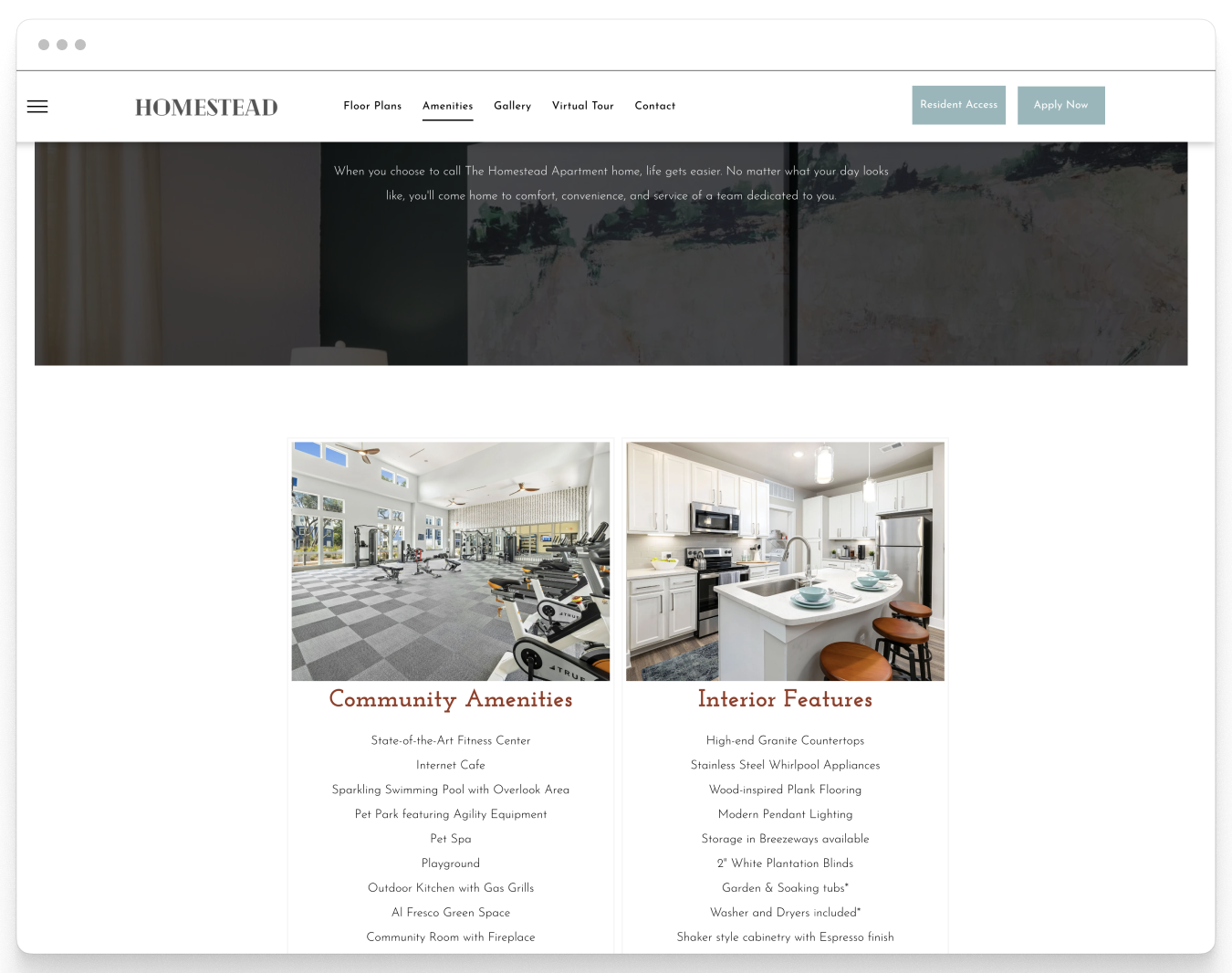 Amenities Page Preview on Homestead Property Website Theme