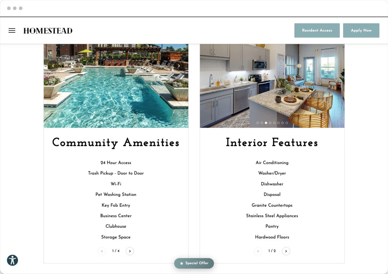 Amenities Page Preview on Homestead Property Website Theme