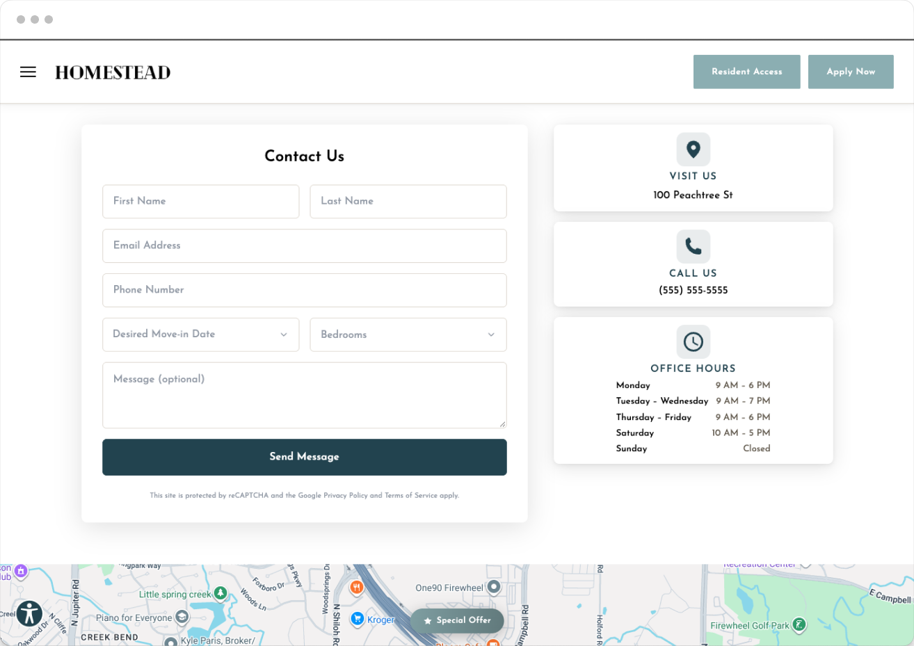 Contact Us Page Preview on Homestead Property Website Theme