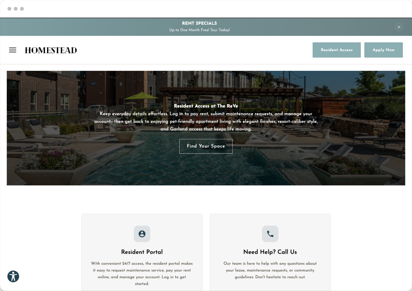 Resident Access Page Preview on Homestead Property Website Theme