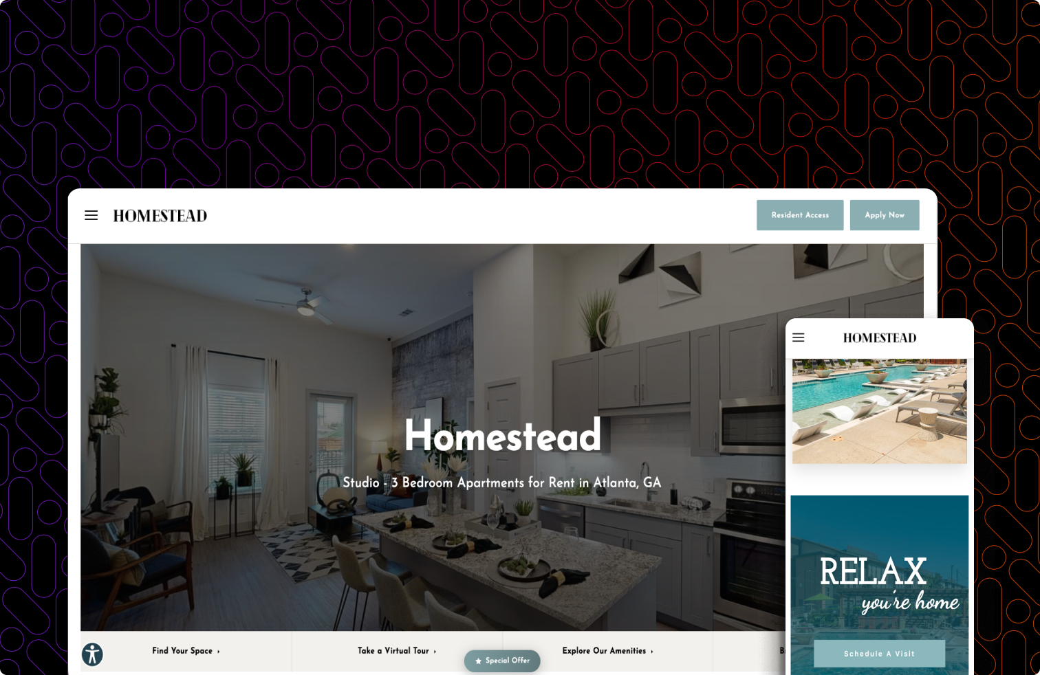 A website for homestead apartments shows a living room with two chairs and a table.
