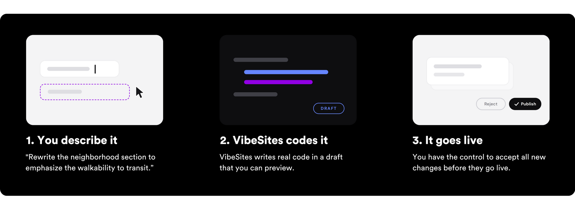 Three onboarding cards on black background showing white and purple form screens with short instructions and buttons