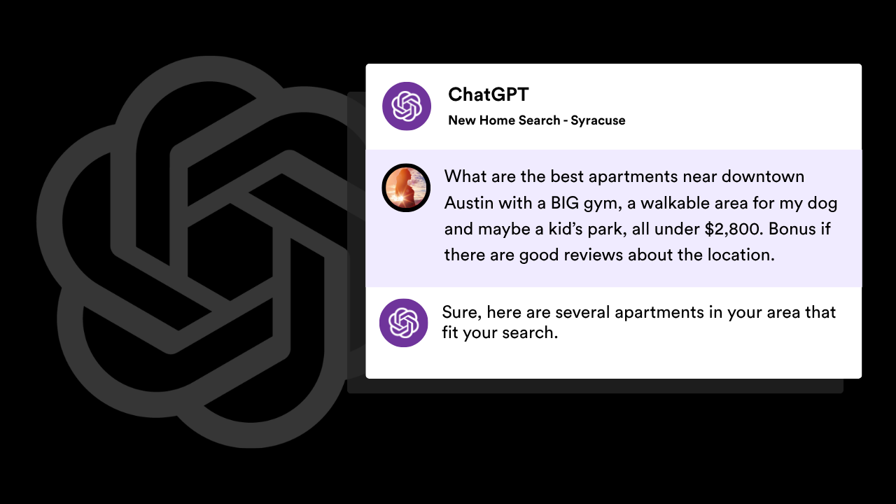 A ChatGPT interface showing a search query about finding pet-friendly apartments in downtown Austin under $2,000.