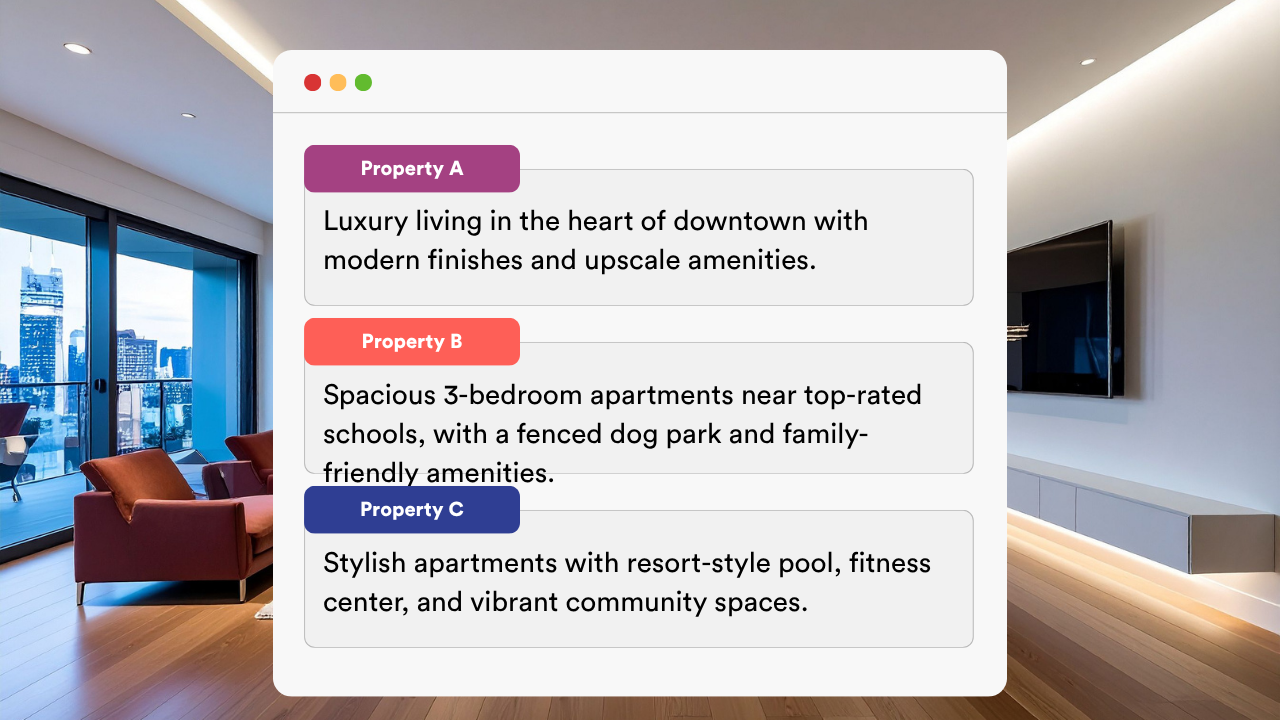 An overlay with a list of three properties (A, B, and C) and their descriptions, set against a modern interior.