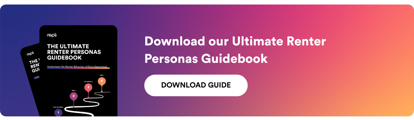 A promotional banner featuring an Ultimate Renter Personas Guidebook with a Download Guide button against a colorful gradient.