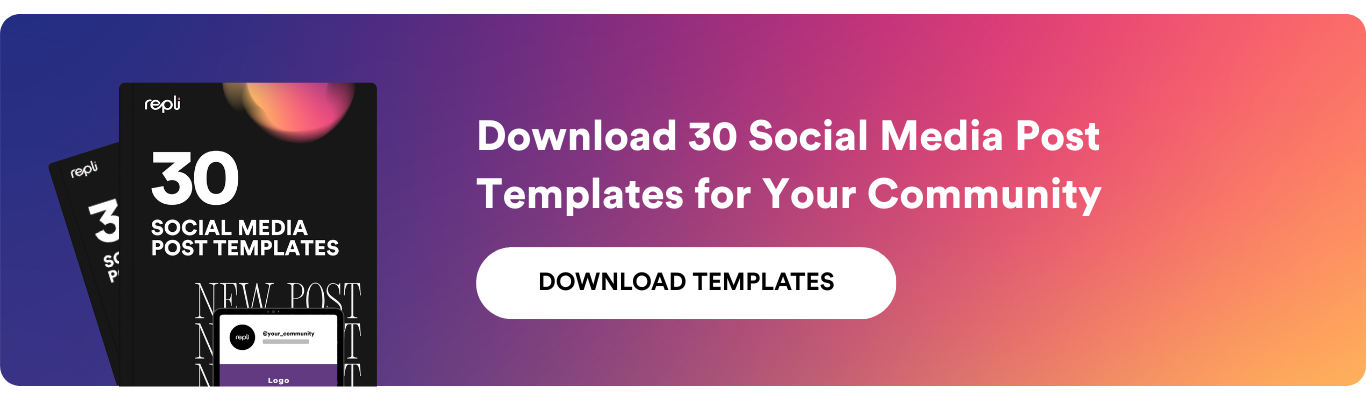 A purple-to-orange gradient banner offering a download for 30 social media post templates with a call-to-action button.